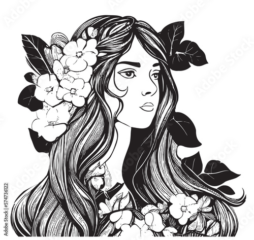 Portrait of a girl with long hair sketch.Flowers in hair black and white illustration.Vector illustration