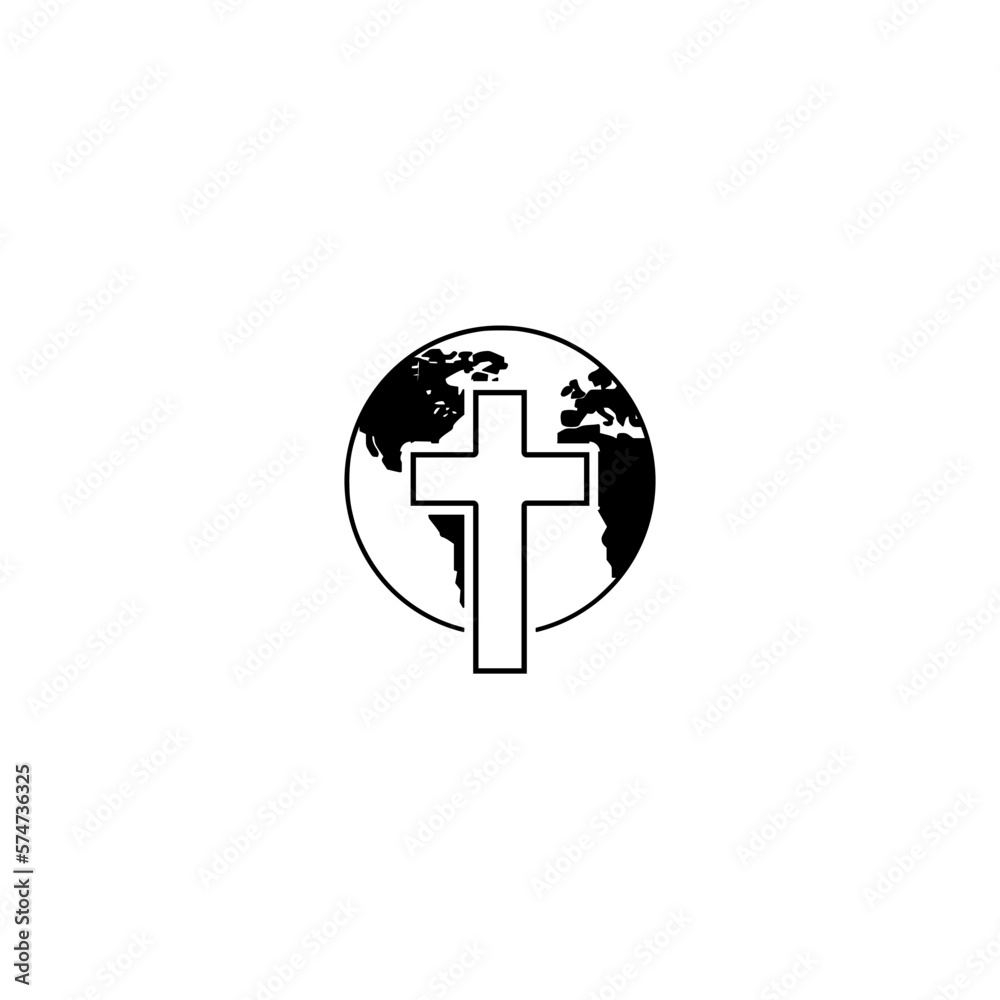 Obraz premium Filled outline Christian cross with globe Earth icon isolated on white background.