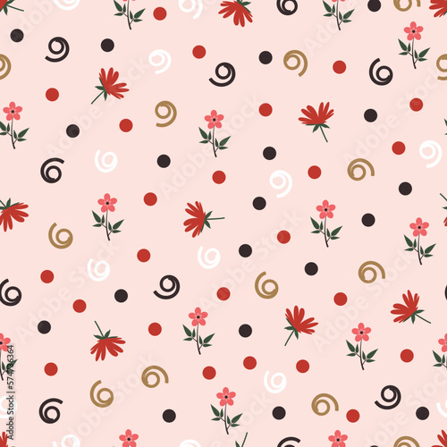 Allover floral printed seamless surface pattern. Floral arrangement of flowers and polka dots. Allover foliage textured background