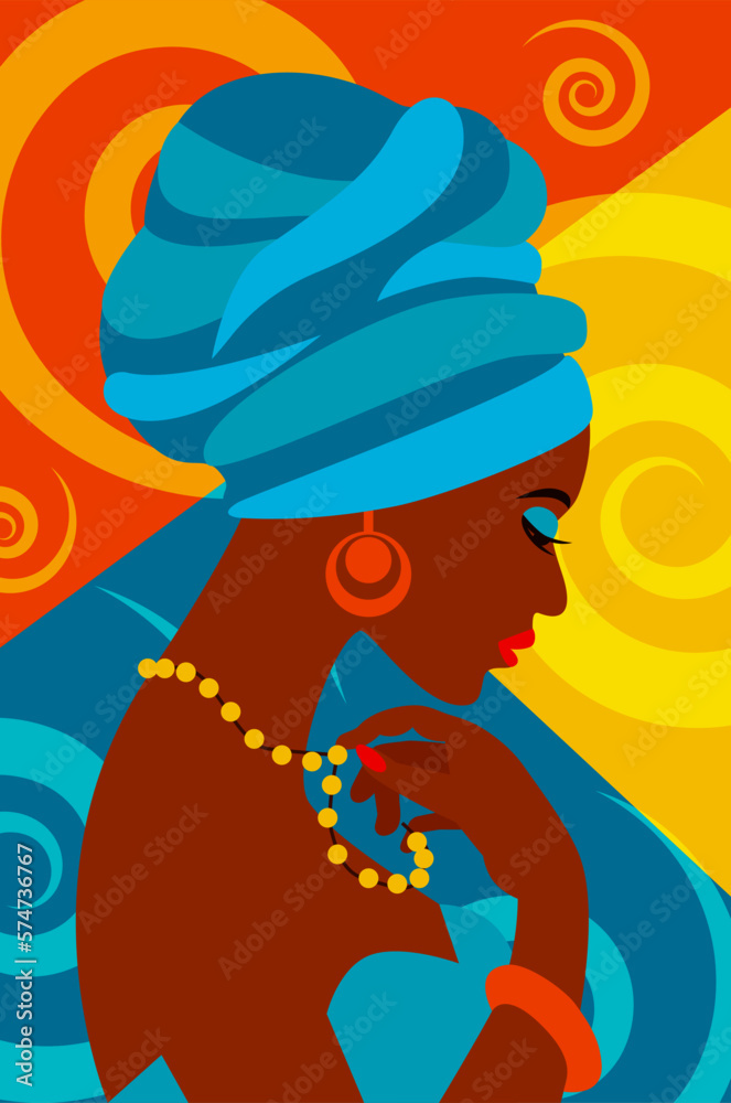 Portrait of dark-skinned African Woman with Turban on her head on abstract bright background