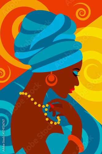 Portrait of dark-skinned African Woman with Turban on her head on abstract bright background