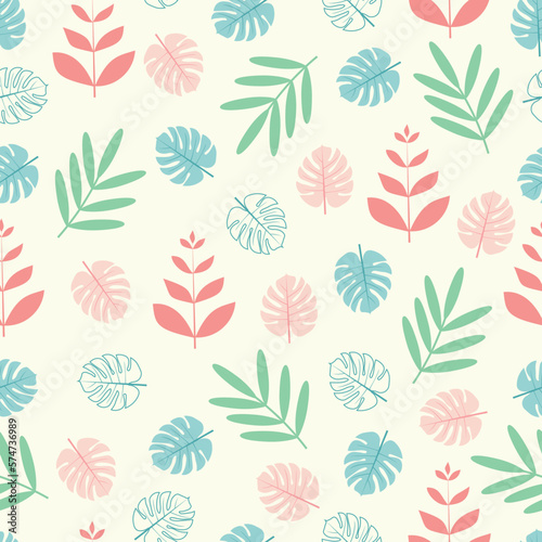 Dainty floral seamless surface pattern of tropical monstera leaves and branches. Allover foliage repeating textured background