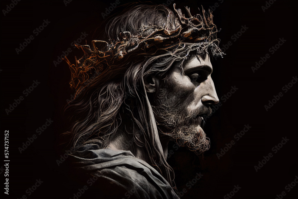 Jesus Christ with the crown of thorns, in profile on a black background. Face of Jesus suffering Holy Week Stations of the Cross. Generative AI