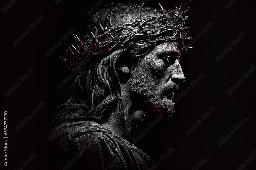 Jesus Christ with the crown of thorns, in profile on a black background. Face of Jesus suffering Holy Week Stations of the Cross. Generative AI