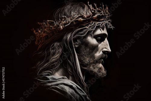 Fotobehang Jesus Christ with the crown of thorns, in profile on a black background