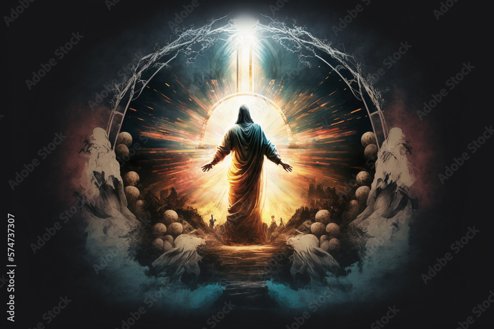 Jesus resurrection easter abstract surreal cover background. Merciful Jesus. Salvation for the world. Generative AI