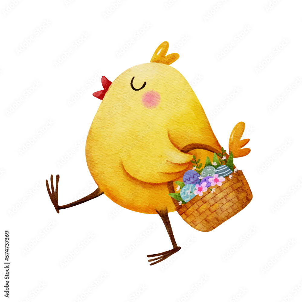 Ταπετσαρία Watercolor happy Easter chicken walking and holding basket with flower and eggs