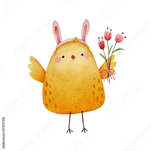 Little chicken wearing Easter bunny ears holding flowers