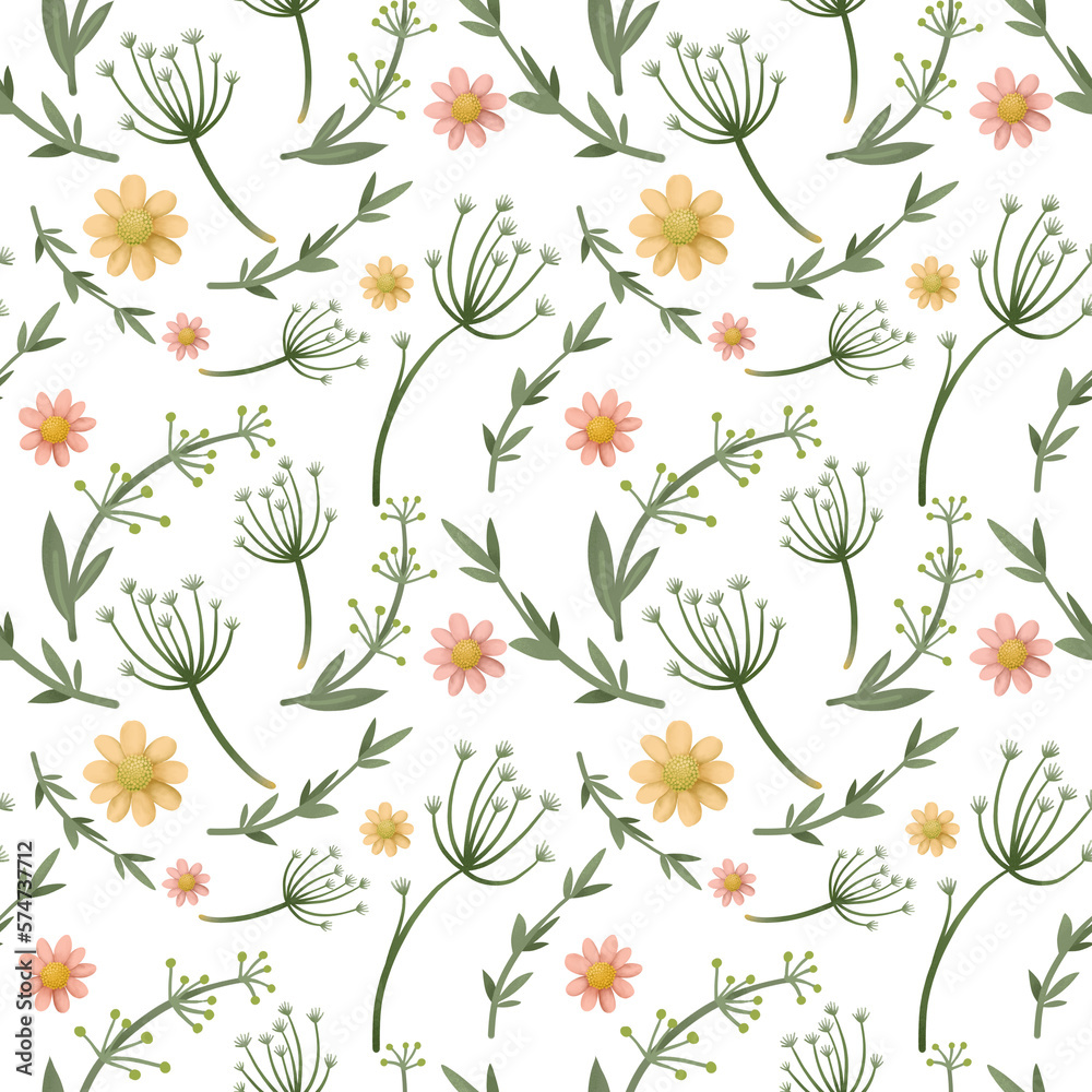 Pastel floral seamless pattern with beautiful blooming wildflowers and delicate flowers on transparent background.