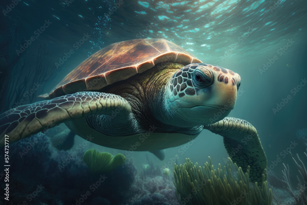 Realistic Underwater Sea Wildlife Nature Aquatic Animal, Turtle Swimming in Ocean, Generative AI