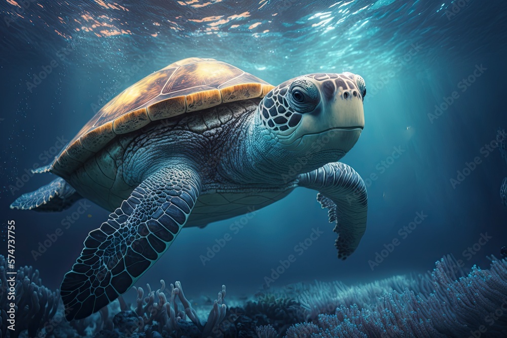 Obraz premium Realistic Underwater Sea Wildlife Nature Aquatic Animal, Turtle Swimming in Ocean, Generative AI