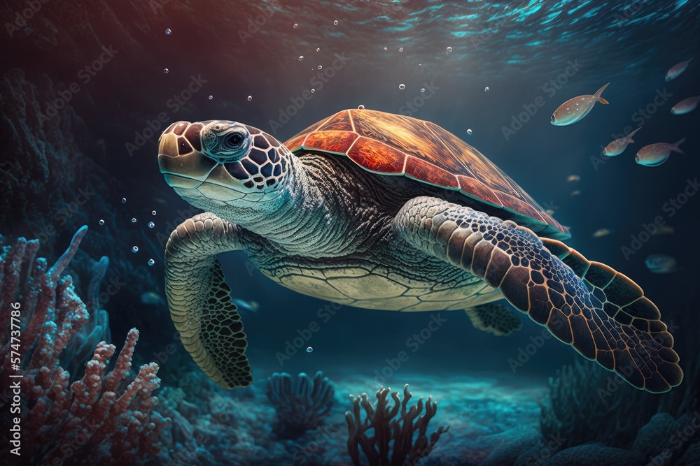Fototapeta premium Realistic Underwater Sea Wildlife Nature Aquatic Animal, Turtle Swimming in Ocean, Generative AI