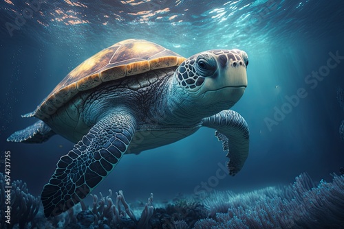 Realistic Underwater Sea Wildlife Nature Aquatic Animal, Turtle Swimming in Ocean, Generative AI
