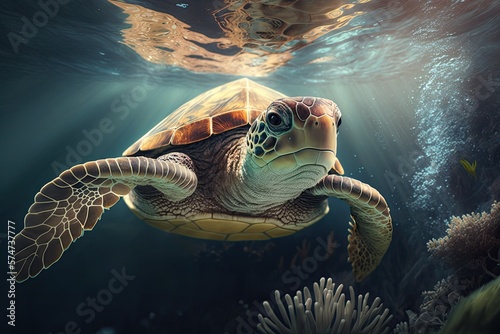 Realistic Underwater Sea Wildlife Nature Aquatic Animal  Turtle Swimming in Ocean  Generative AI