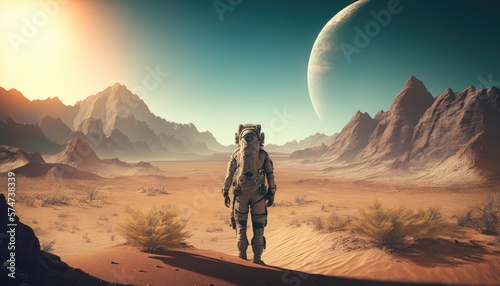 Abandoned and Alone: The Astronaut's Journey on a Lifeless Planet, AI Generative © NikoArakelyan