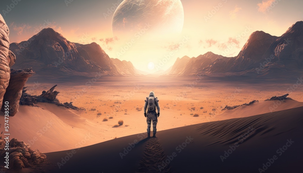 One astronaut's journey on a deserted alien planet, AI generative