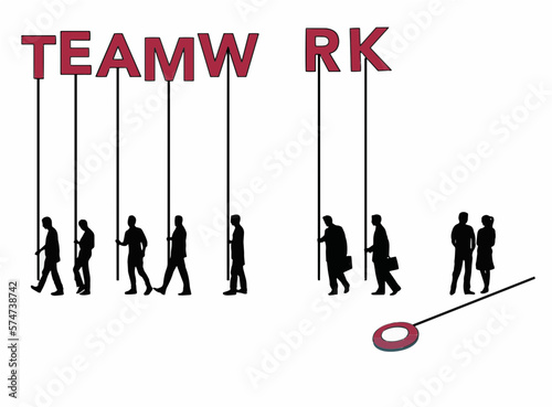 Members of a business team carry signs that spell team work except on letter is missing as the carrying the letter O flirts with a girl.