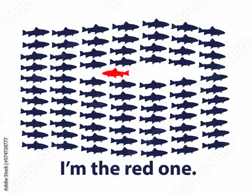 A school of fish swim in the same direction except one trouble maker, a red fish swimming the opposite way in this vector.