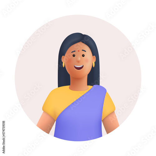 Young smiling Indian woman in traditional dress avatar. 3d vector people character illustration. Cartoon minimal style.