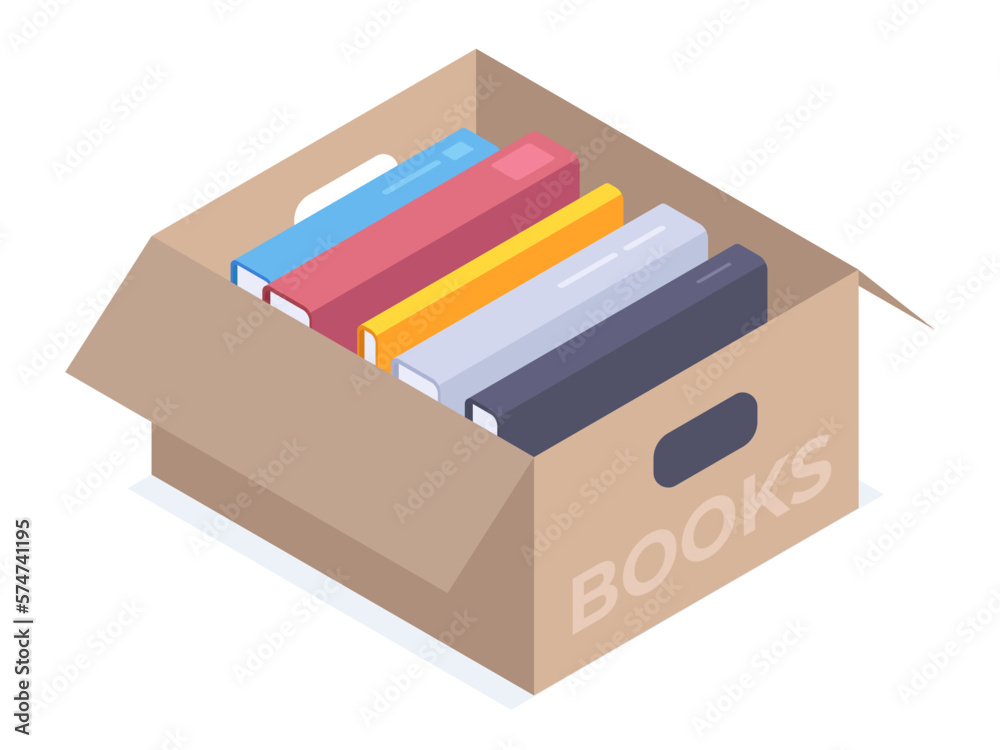 Isometric books donation. Book stack in cardboard box, encyclopedia and textbook, fiction, fantasy or educational literature 3d vector illustration Isometric books donation. Book stack in cardboard box, encyclopedia and textbook, fiction, fantasy or educational literature 3d vector illustration