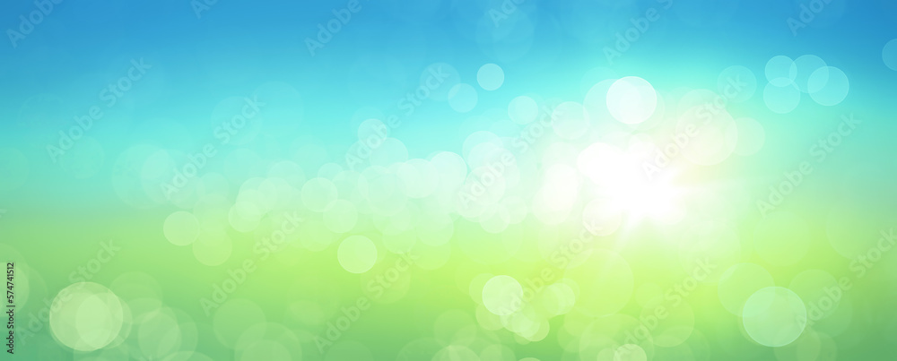 Obraz premium Calming fresh spring abstract background with round bokeh and sun glow. Blue and green colour computer graphic.