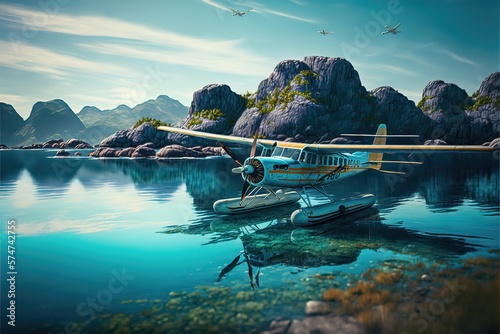 Wallpaper Mural Tropical Paradise island with a Plane Fly over it. Generative AI Torontodigital.ca