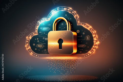 Neon cloud with locked padlock. Concept of data protection, security