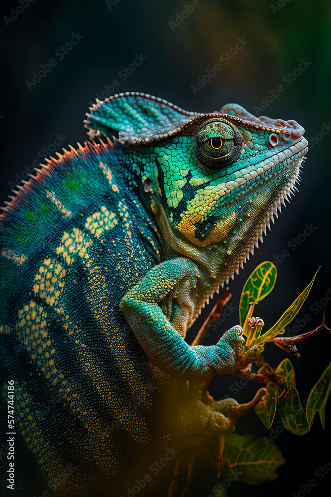 Close-up beautiful chameleon, reptile, lizard. Generative AI