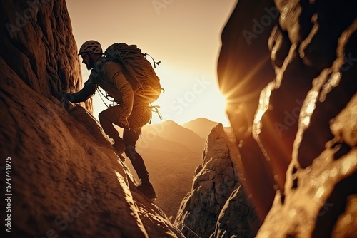 Mountain climber landscape, Man climbing to the summit, Sunset, Golden hour, Generative AI Digital Illustration