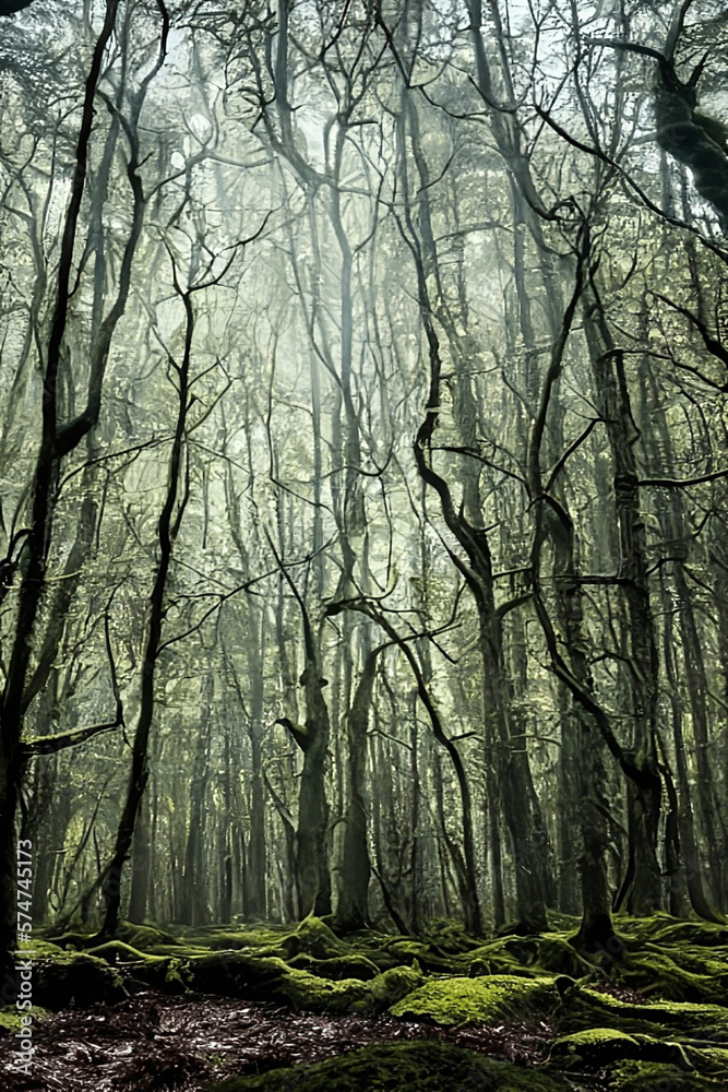 Fototapeta premium Journey into the Enchanted Forest: Discovering the Mysterious Beauty of Tall Gnarled Trees Covered in Moss and Vines, Illuminated by Sunbeams