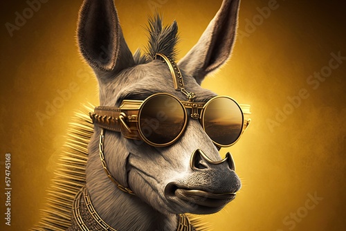 Donkey businessman character with golden sunglasses and chains, Generative AI Digital Illustration