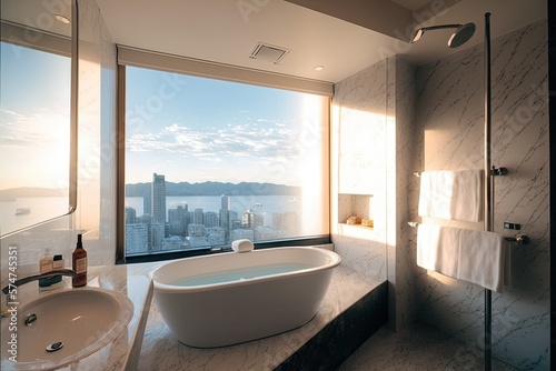 Hotel bathroom with a bathtub, City view landscape, White marble interior design, Generative AI Digital Illustration © Dragon AI
