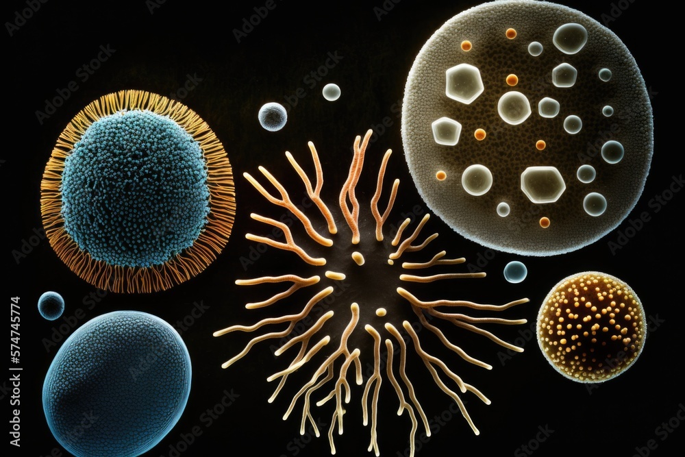 Macro shot of microbes and viruses isolated on a black background, Generative AI Digital Illustration