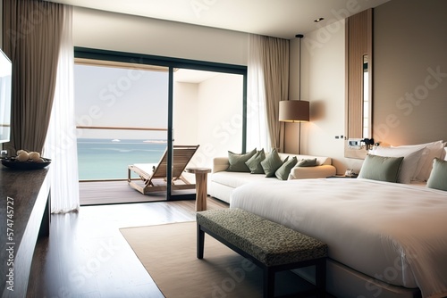 Luxury hotel room with a sea view, Modern interior design, Generative AI Digital Illustration © Dragon AI