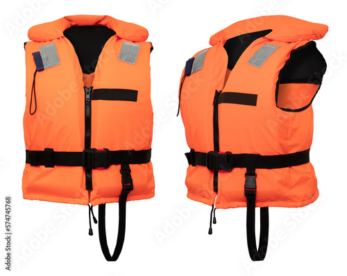 Rettungsweste Schwimmweste orange schwarz freigestellt mit transparentem Hintergrund, 2 Ansichten Vorderansicht und Seitenansicht photo