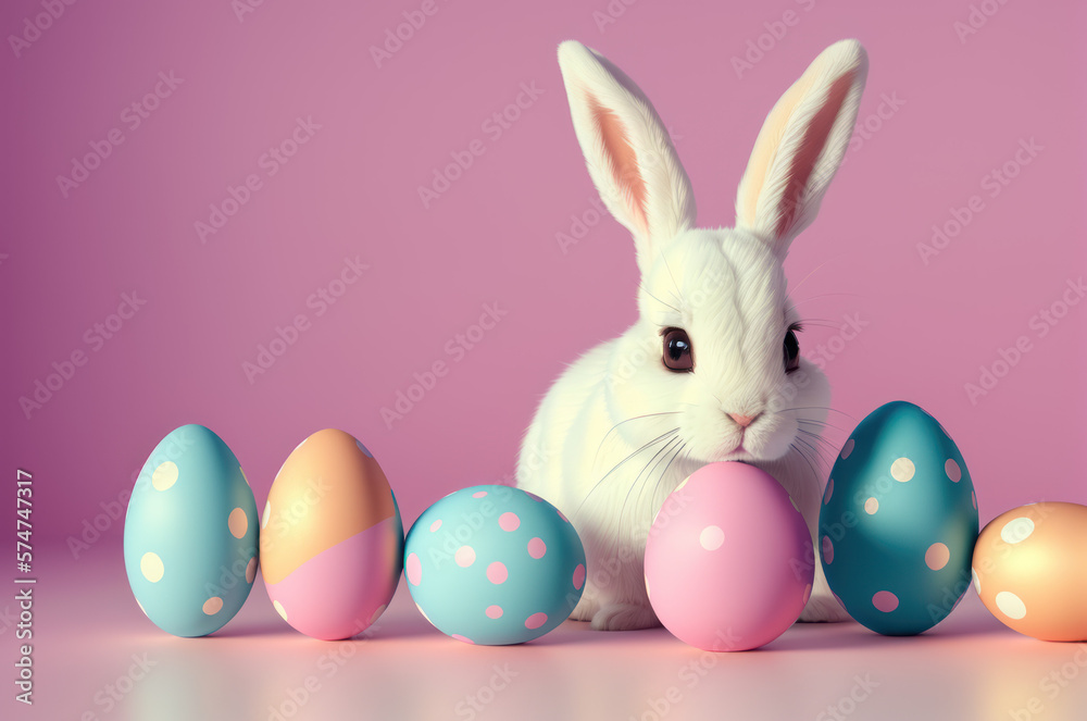 cute white Easter bunny with colorful eggs on pink background generative ai illustration cute white Easter bunny with colorful eggs on pink background generative ai illustration