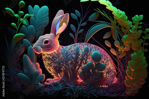Neon easter rabbit among the plants
