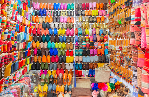 Colorful Babouche slippers - Traditional Moroccan footwear at the bazaar in Marocco