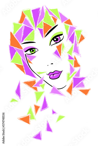 Twarz pięknej dziewczyny o różnokolorowych oczach i różowch ustach. Abstrakcyjny kolorowy portret kobiety. Buzia dziewczyny w otoczeniu kolorowych , rozsypanych trójkątów.