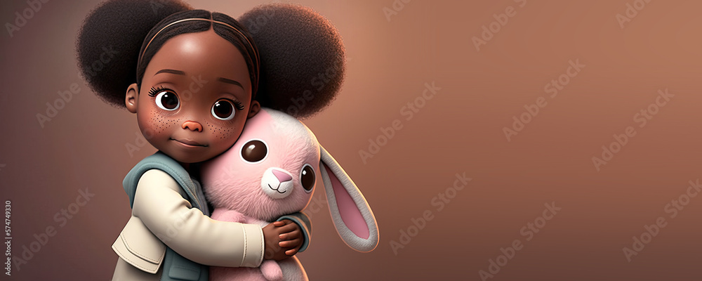 Fototapeta premium Cute Cartoon Kid Holding a Stuffed Rabbit with Space for Copy (Created with Generative AI)