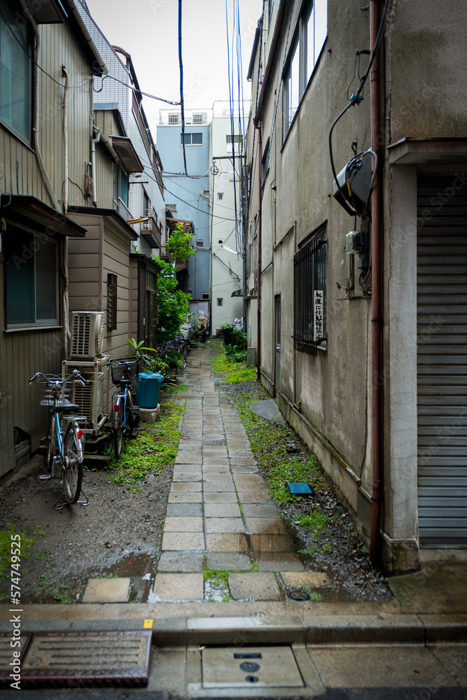 Narrow street in Tokyo with businesses and homes