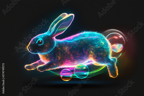 Holographic Easter rabbit. Iridescent bunny. Happy Easter Day. Trendy design. Neon colors. Generative AI.