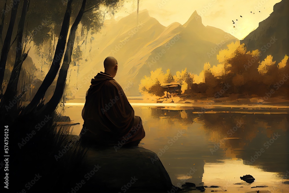 Buddhist Monk Meditates Near A Lake. Artwork. Generative AI
