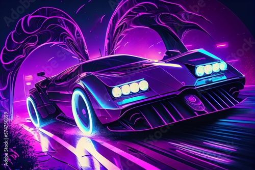 Driving In The Night, Futuristic Synth-Wave Car In Purple Neon Colours. Generative AI © Pixel Matrix
