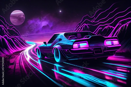 Driving In The Night  Futuristic Synth-Wave Car In Purple Neon Colours. Generative AI