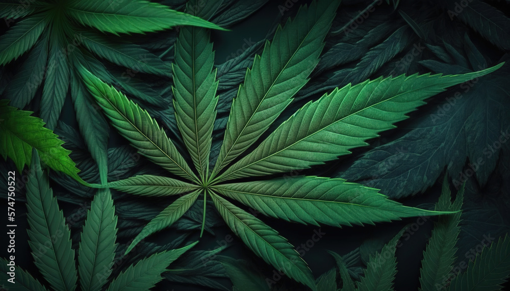 Fototapeta Marijuana leaves, cannabis on a dark background. A vibrant green background of cannabis leaves evokes a sense of relaxation and natural beauty. Generative Ai.