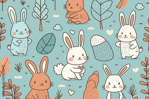 Cute hand drawn easter bunnies design, easter doodle background, great for textiles, banners, wallpapers, wrapping - vector design