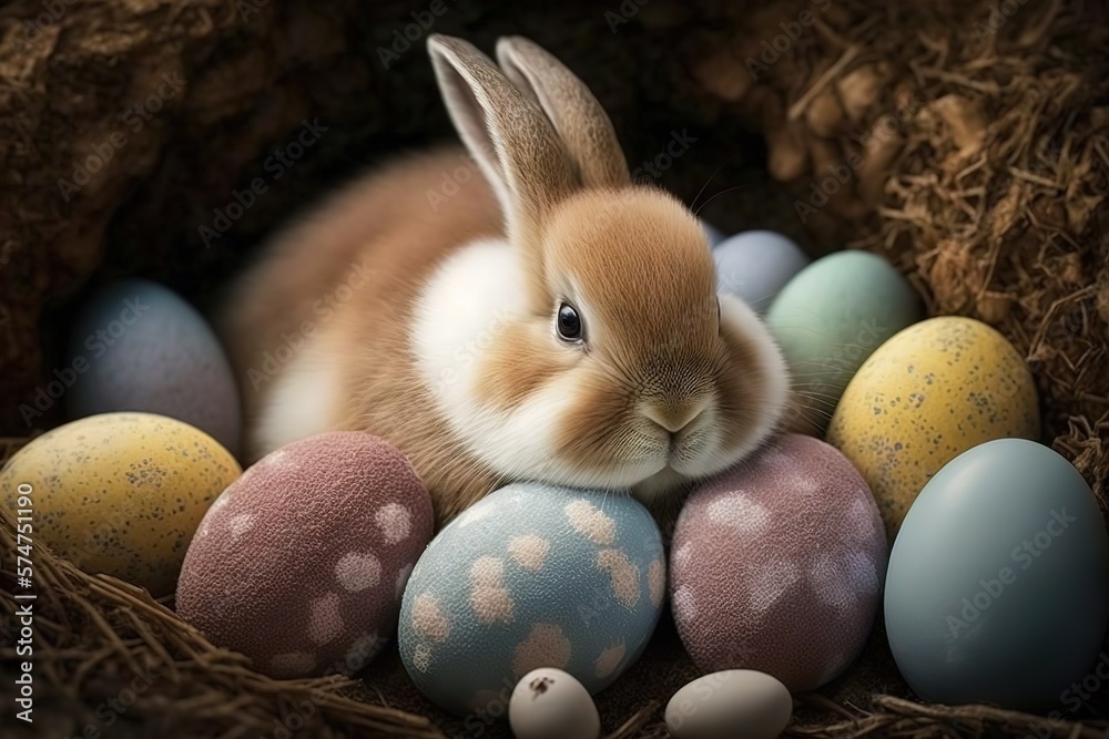 Cute easter bunny and many eggs