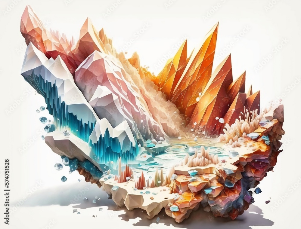 Crystal Mountain in Various Colors on White Background.  Generative AI