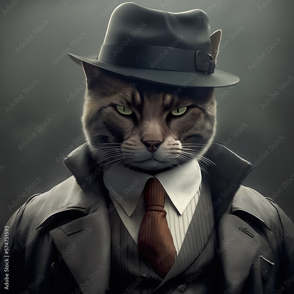 Illustration of a cat wearing a hat and business suit, anthropomorphic style, like a mobster or gangster. Generative AI